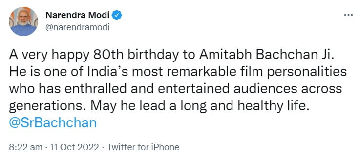 PM Modi wishes Amitabh Bachchan on his 80th birthday